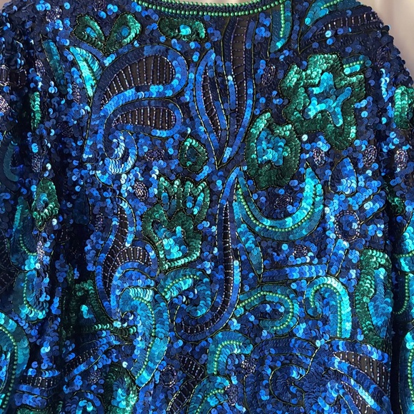 Vintage 1980's Laurence Kazar New York Blue Green Sequin Silk Jacket Large - Picture 7 of 10